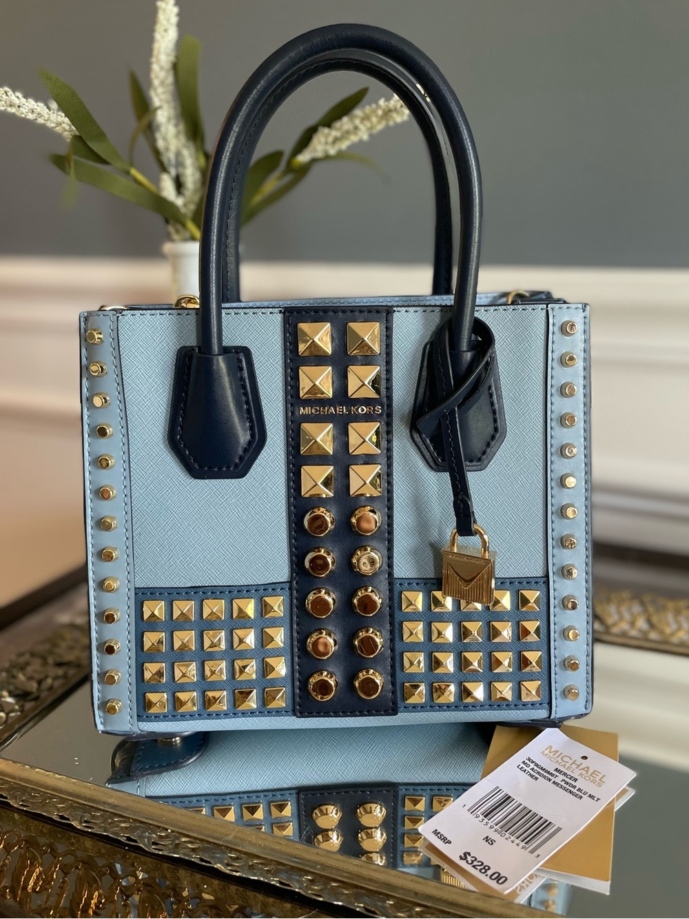 Michael Kors-Mercer Medium Studded Leather Accordion Satchel